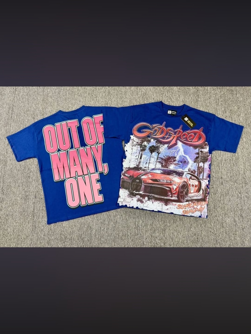 Blue Short-Sleeve Racing Graphic Tee with Pink Lettering